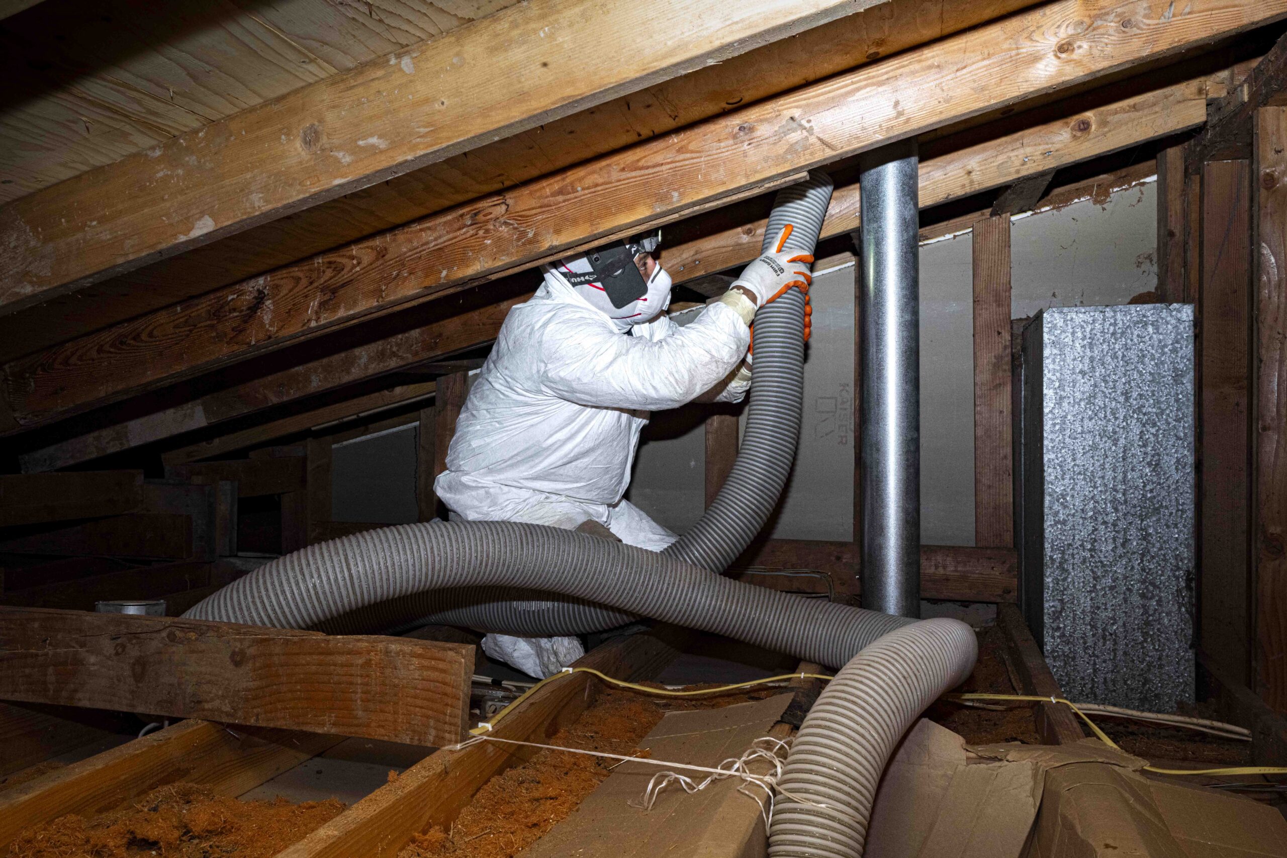 Technician in PPE vacuuming rodent nesting debris out of an attic during cleanup and decontamination