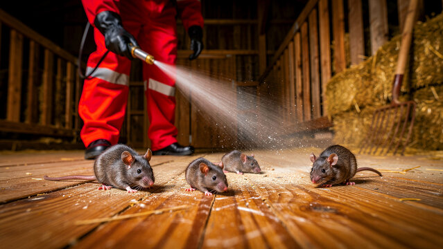Pest control technician treating an active rodent infestation in a commercial attic or barn space